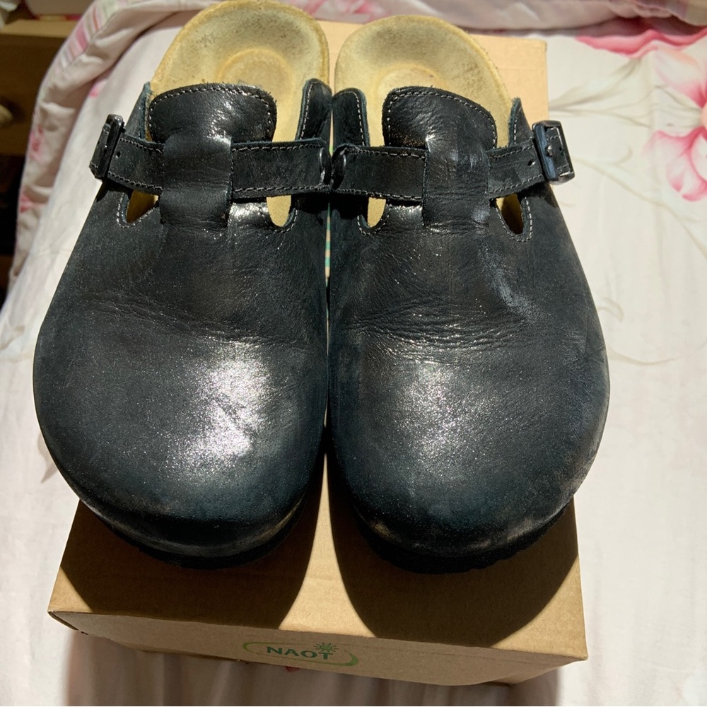 NAOT Women’s Black Suede Cork Footbed Clogs metallic suede print Size 6/EU37
